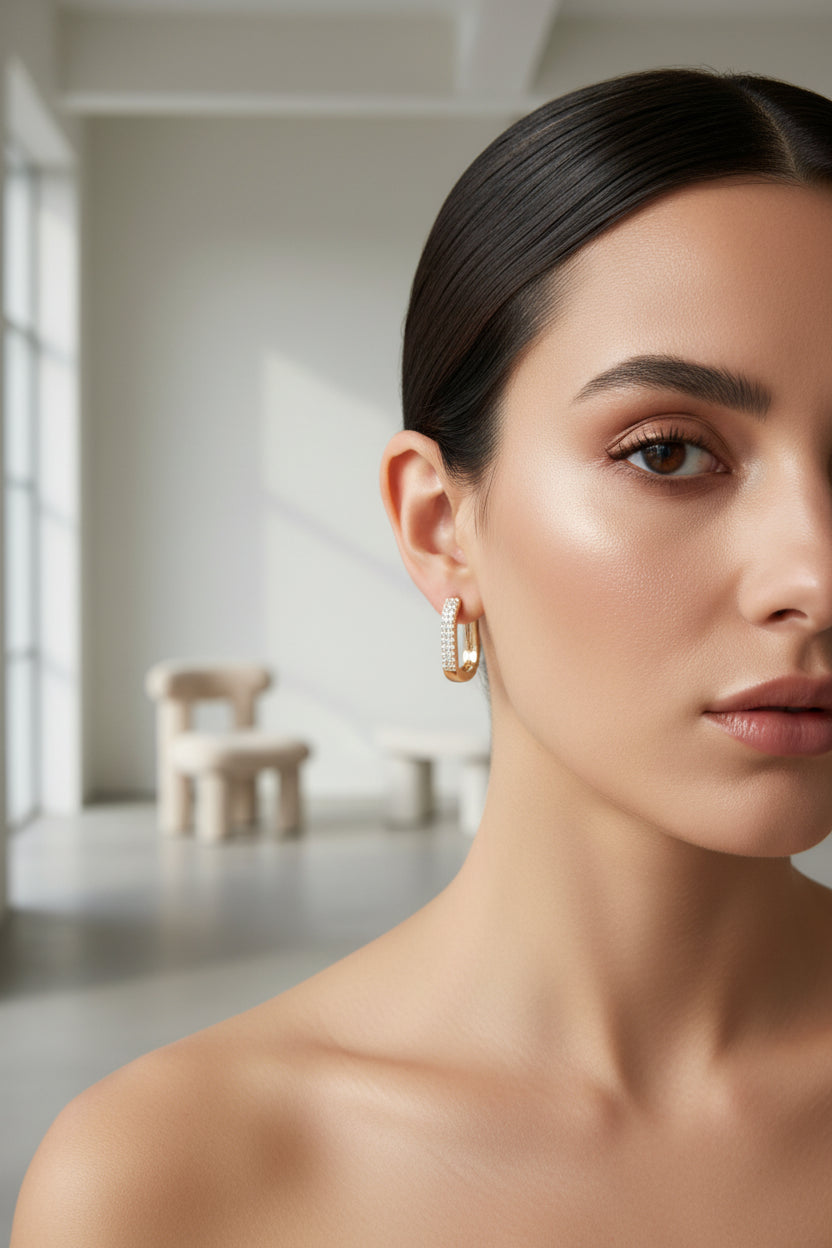 Sparkle Link Rectangular Hoops - Micro-Pavé Gold Huggies