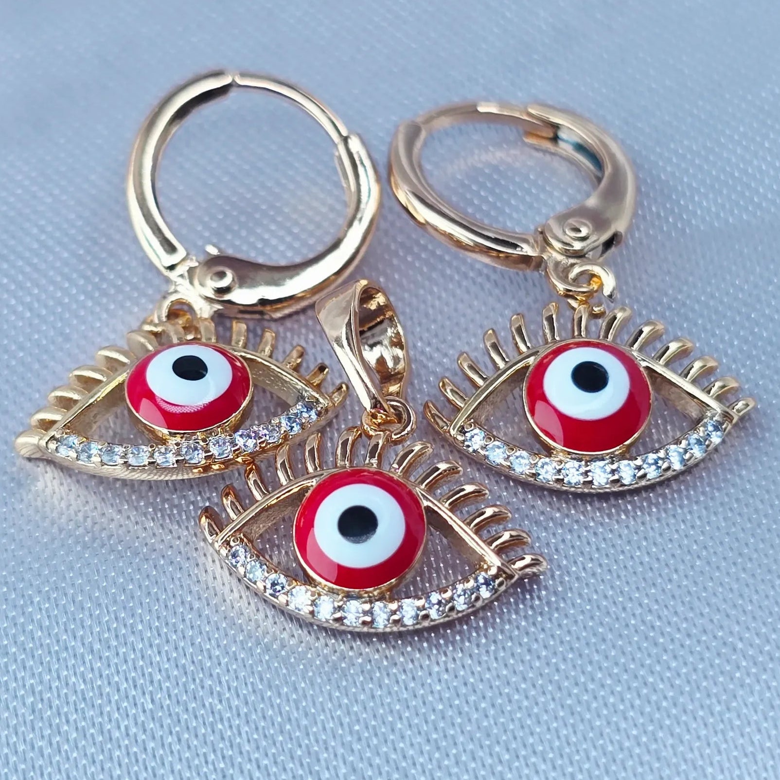 Red Turkish Evil Eye Jewelry Set - Protection Pendant & Hoop Earrings