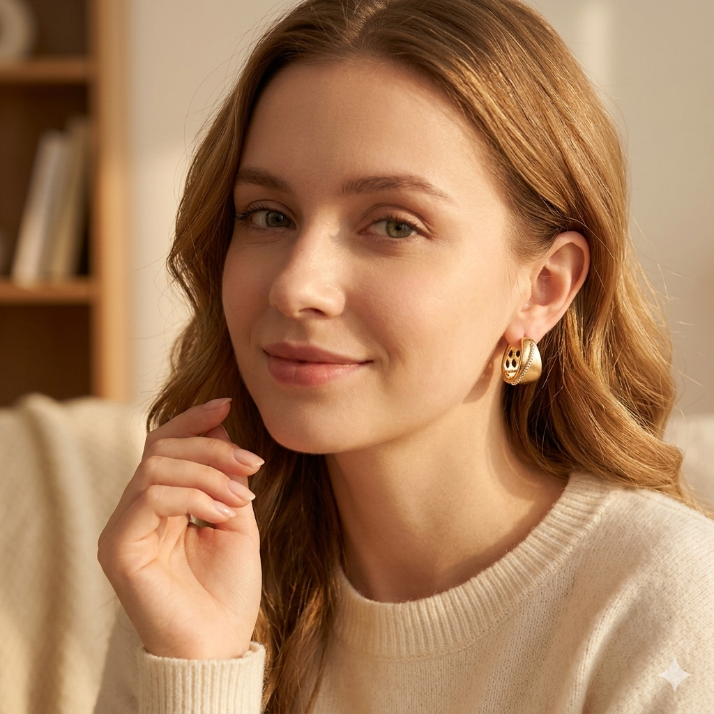 Gold-Tone Domed Hoop Earrings – Elegant Design with Crystals and Cutout Pattern