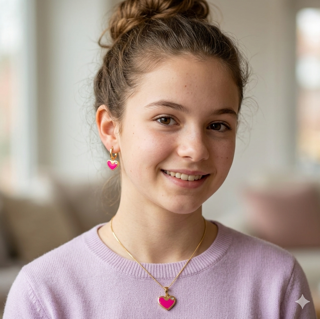 "Radiant Heart" Jewelry Set – Fuchsia Pink Earrings and Pendant (CHAIN NOT INCLUDED)