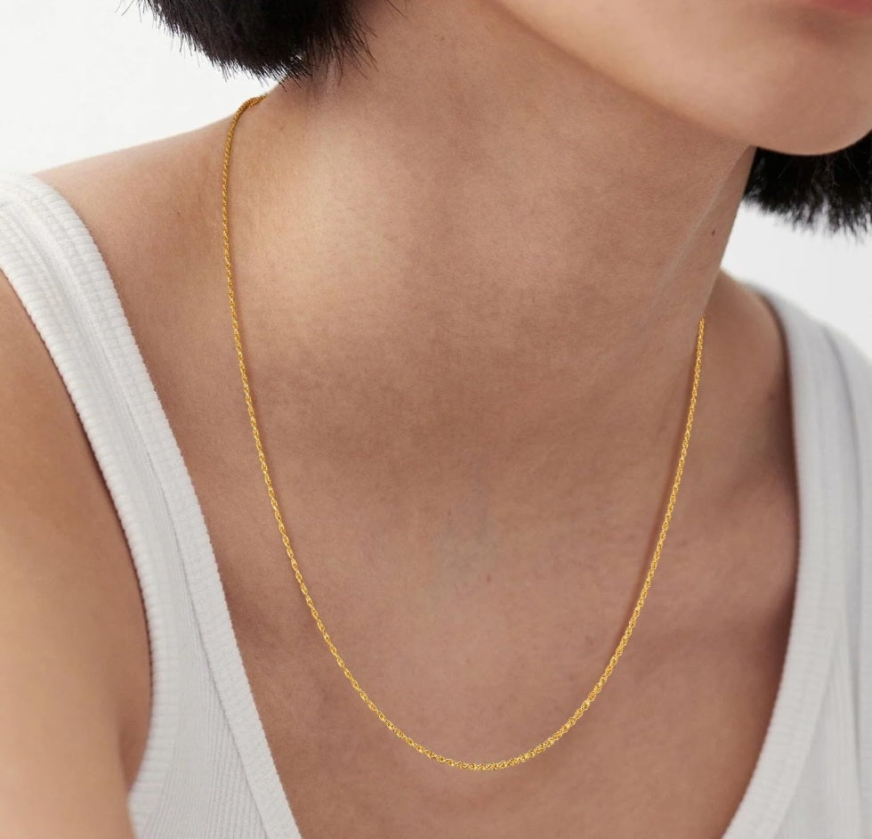 Aurora Jewelry 18K gold plated genuine 925 sterling silver rope chain necklace with a lobster clasp and Italy hallmark stamp.