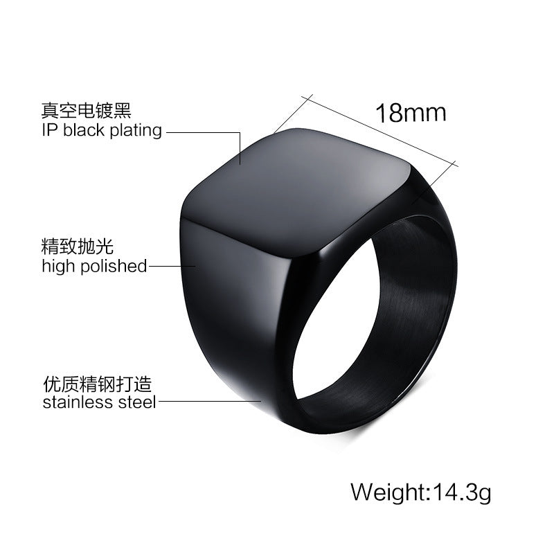 Men's matte black stainless steel square signet ring with an 18mm brushed finish.