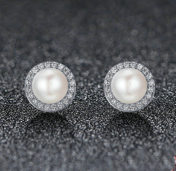 925 Sterling Silver Pearl & CZ Halo Stud Earrings