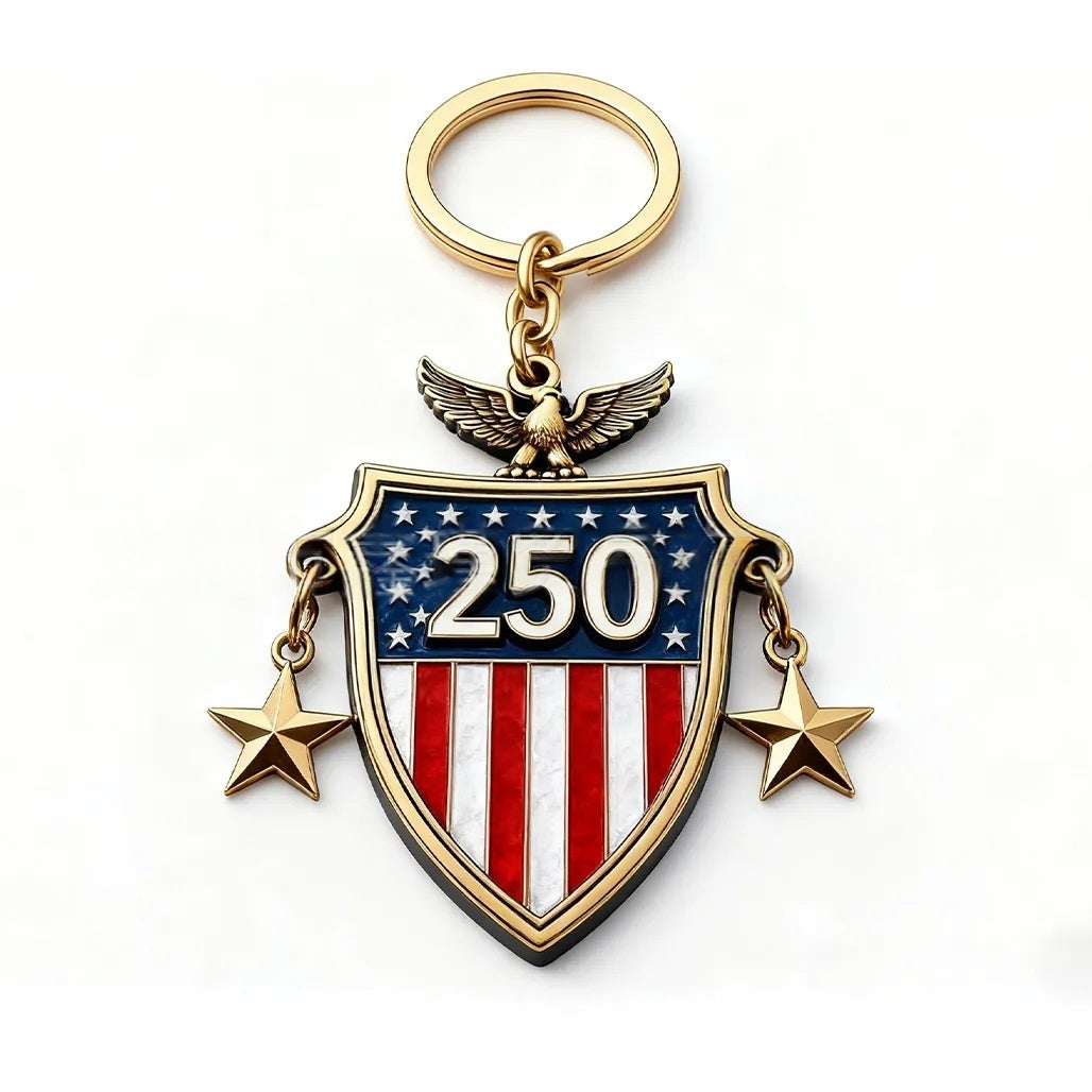 Keychain with American flag design, number 250, and eagle emblem on a white background