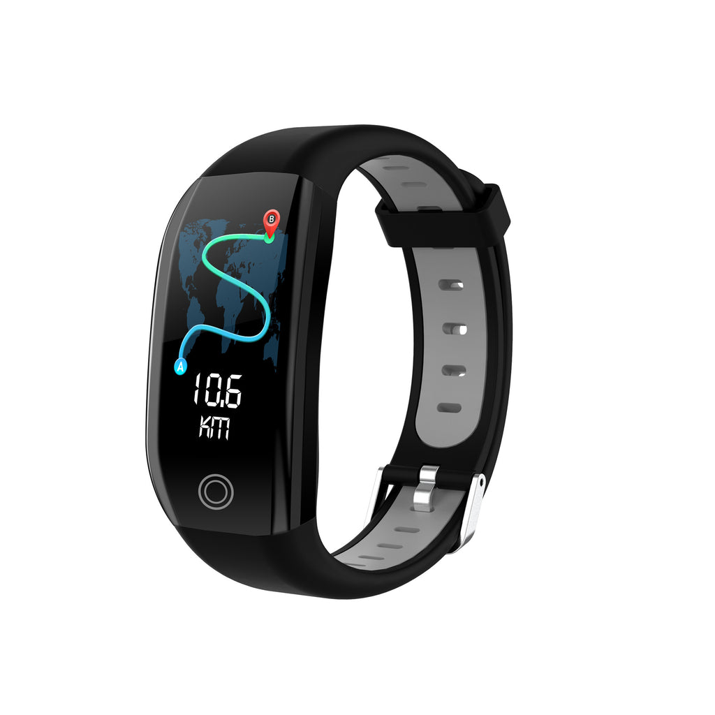 Black smartwatch with digital display on a white background