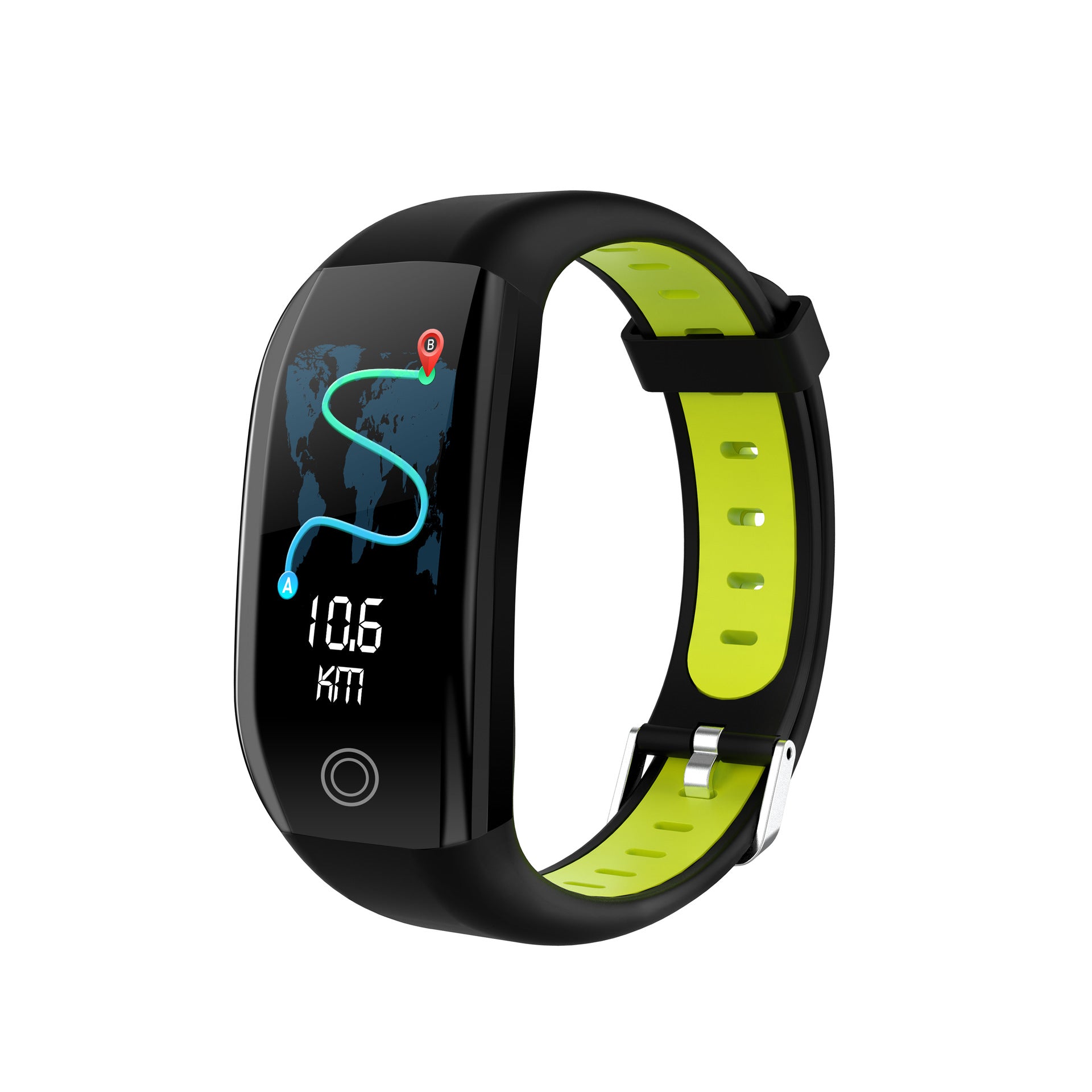 Smartwatch with a black and green band on a white background