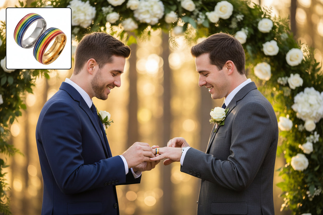 Couples exchanging rings in their wedding in a setup with white flowers in a arch