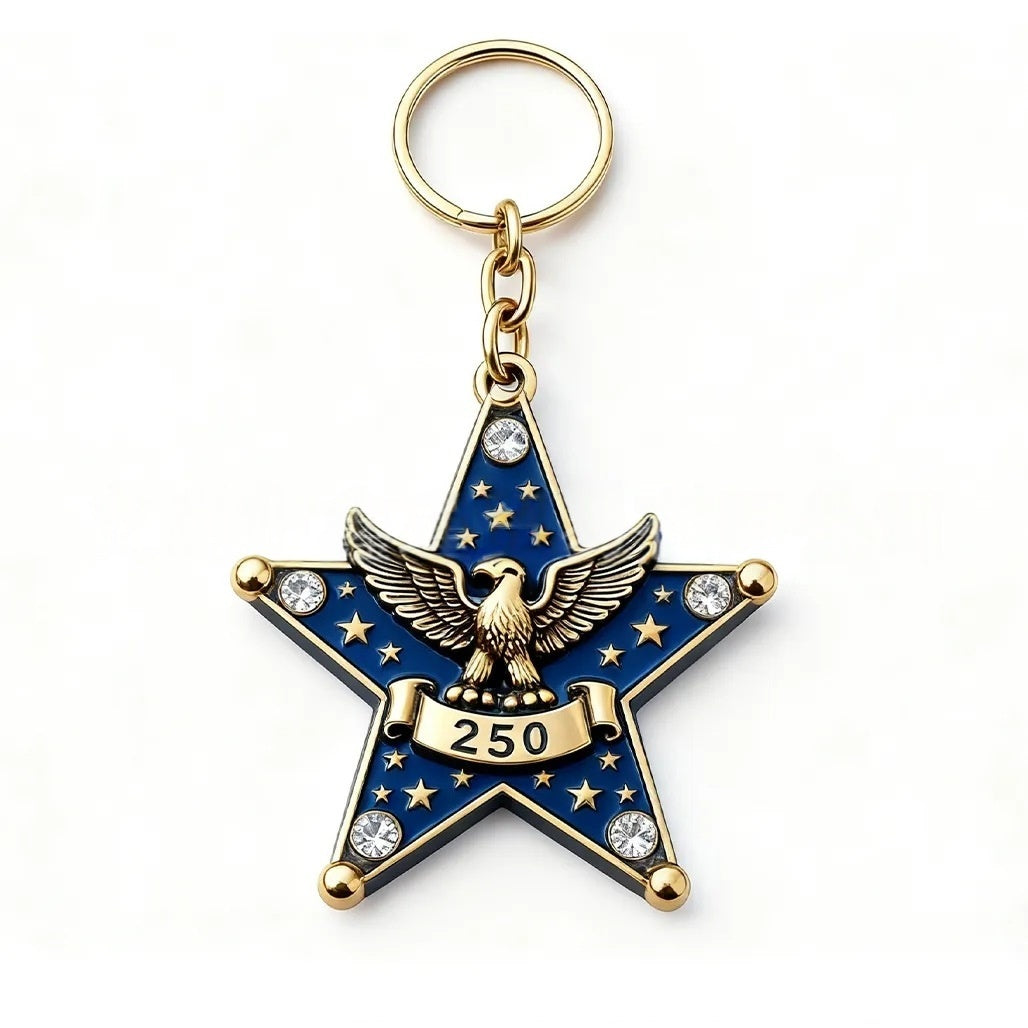 Keychain with blue star design, gold accents, and eagle emblem on a white background
