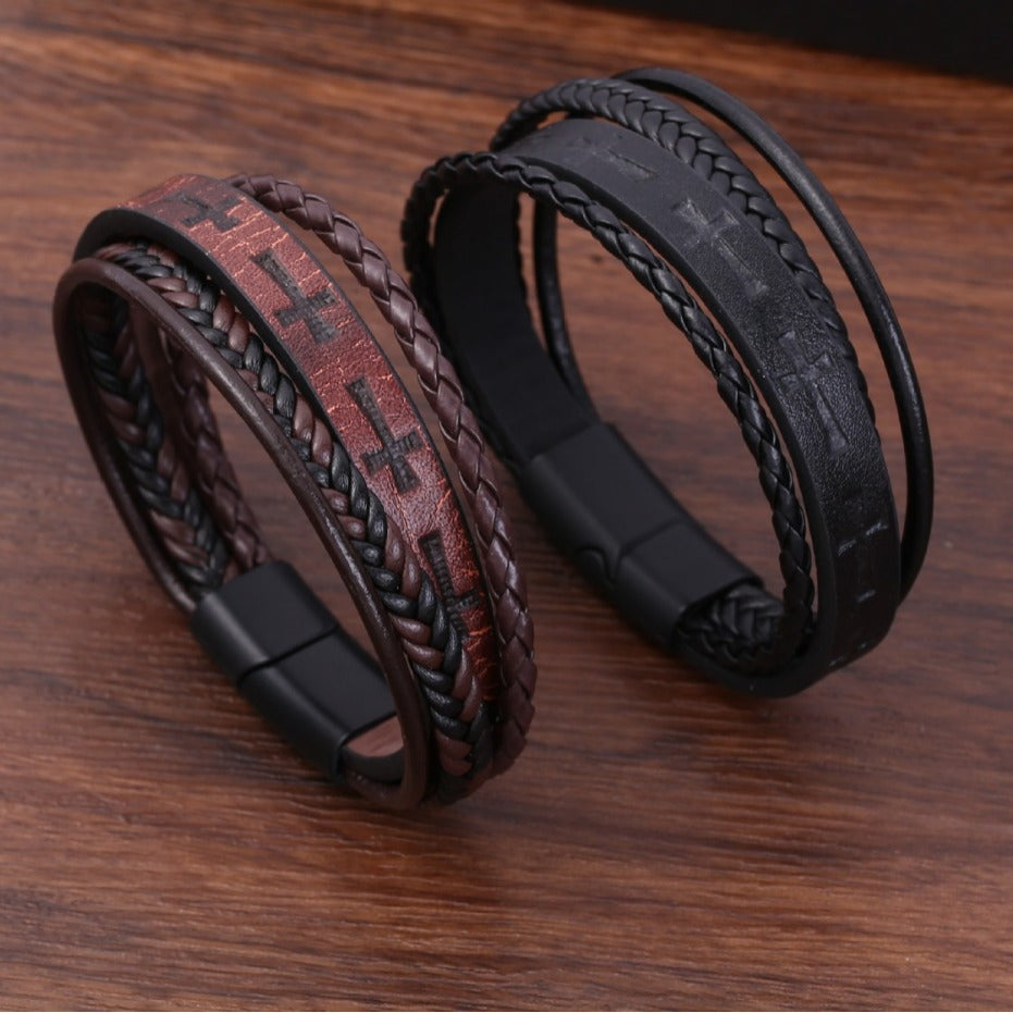 Mens Leather Cross Bracelet • Multi-Layer cross