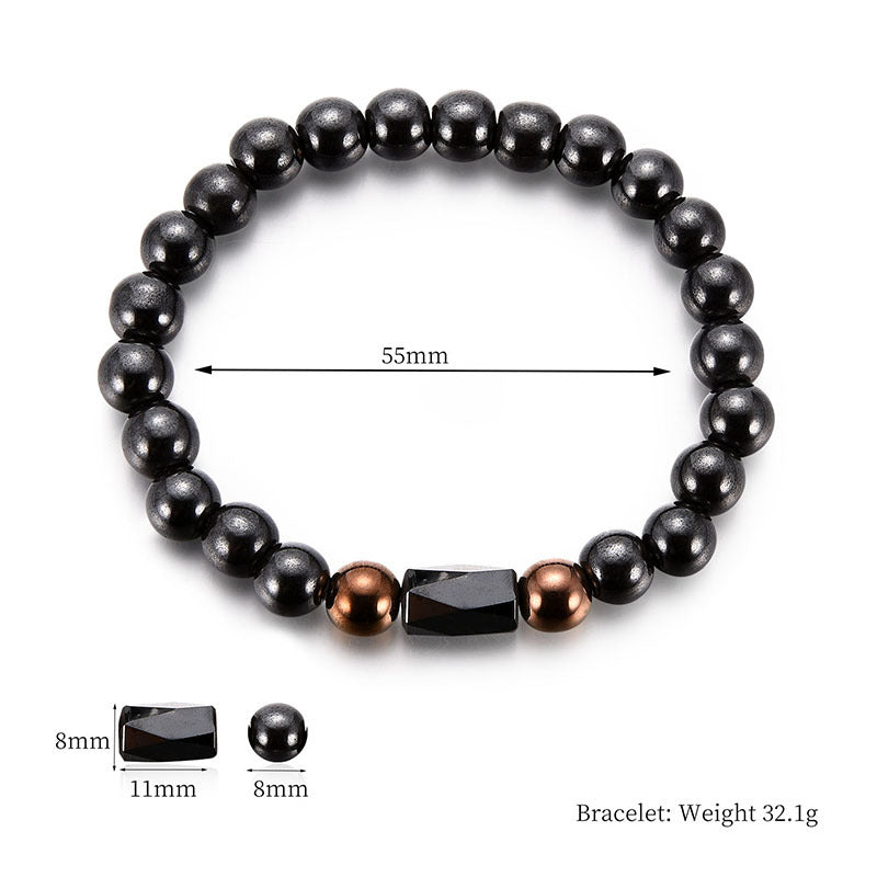 Black beaded bracelet with measurements on a white background