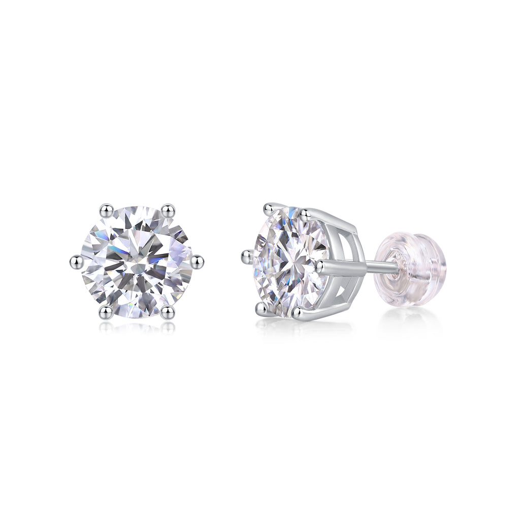 Pair of silver stud earrings with clear gemstones on a white background
