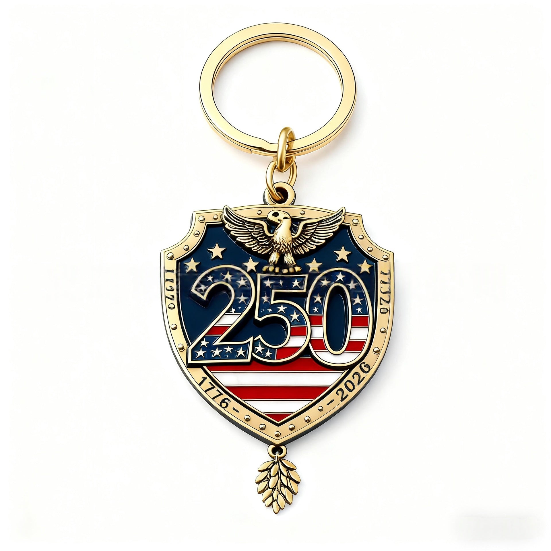 Keychain with American flag design and number 250 on a white background