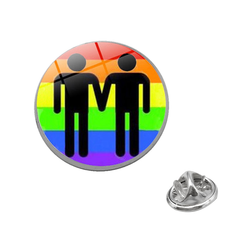 Pin with two black stick figures on a rainbow background