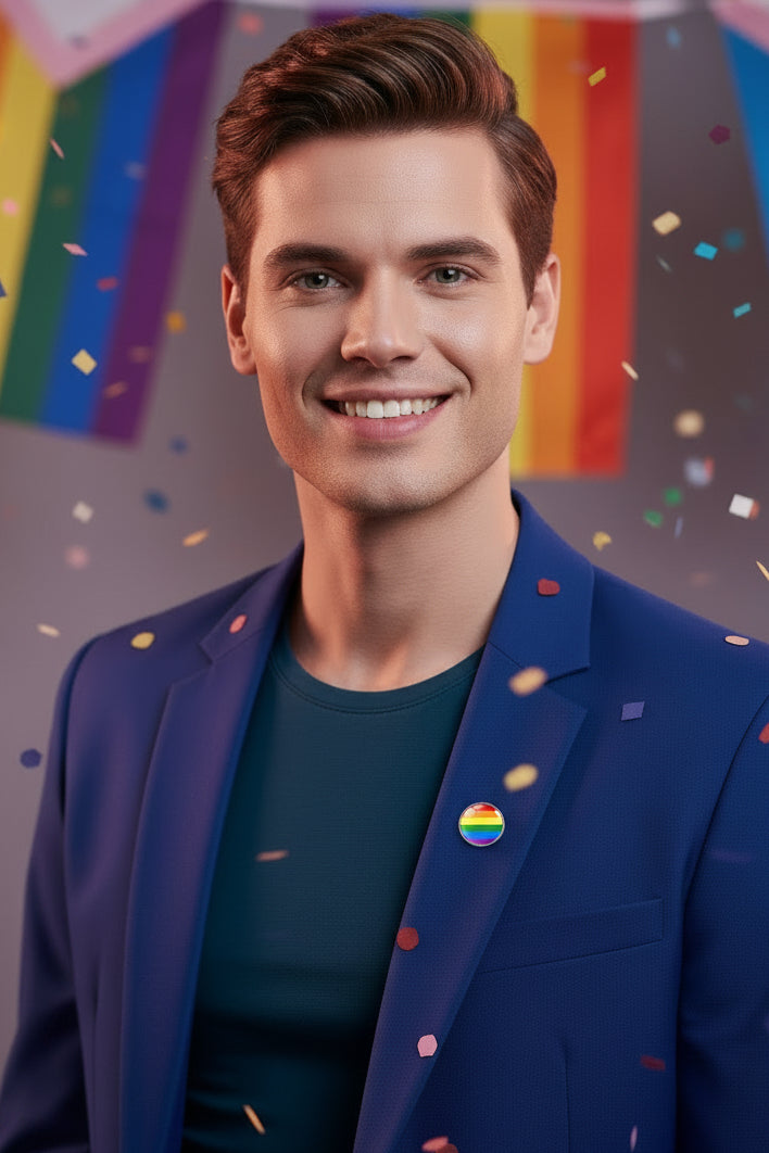 Rainbow flag pin on a guy wearing purple coat 