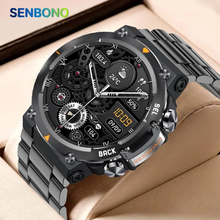 Senbono watch with detailed face and metal band on a beige surface