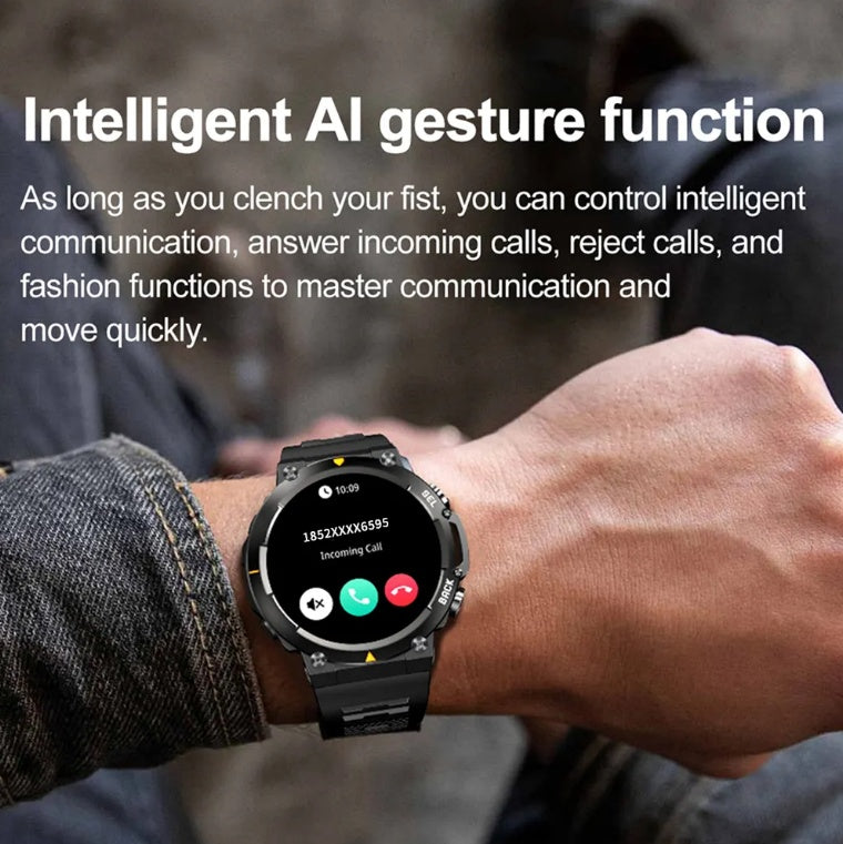 Smartwatch on a wrist with text about intelligent AI gesture function