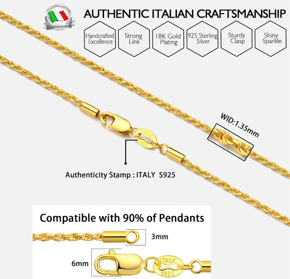 18K Gold Plated Rope Chain - Hypoallergenic .925 Silver Necklace