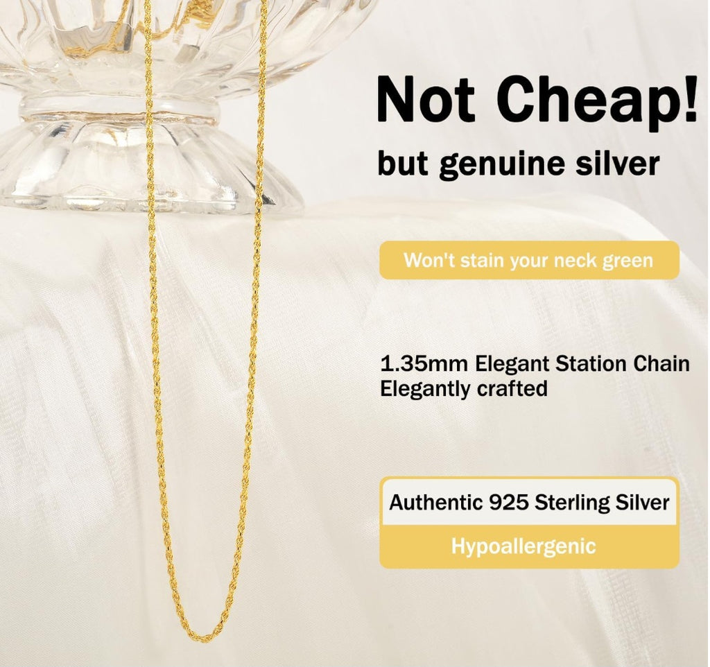 18K Gold Plated Rope Chain - Hypoallergenic .925 Silver Necklace