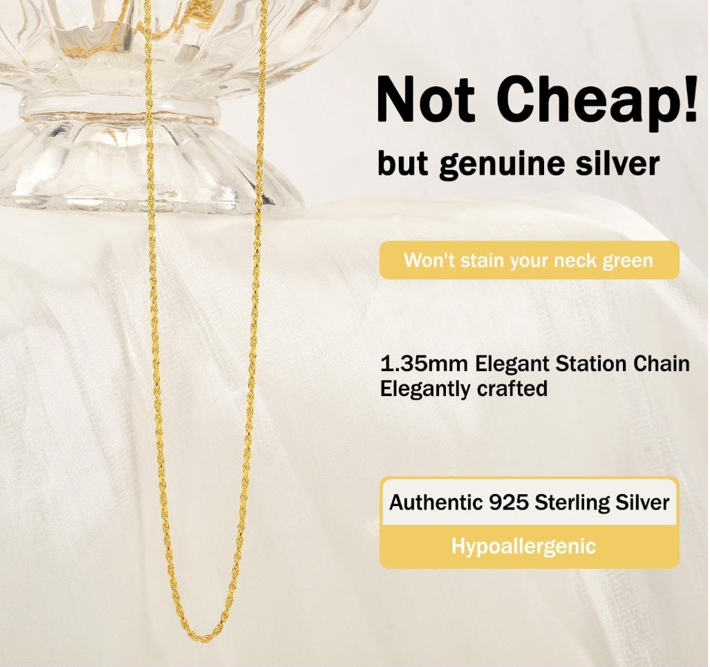 18K Gold Plated Rope Chain - Hypoallergenic .925 Silver Necklace