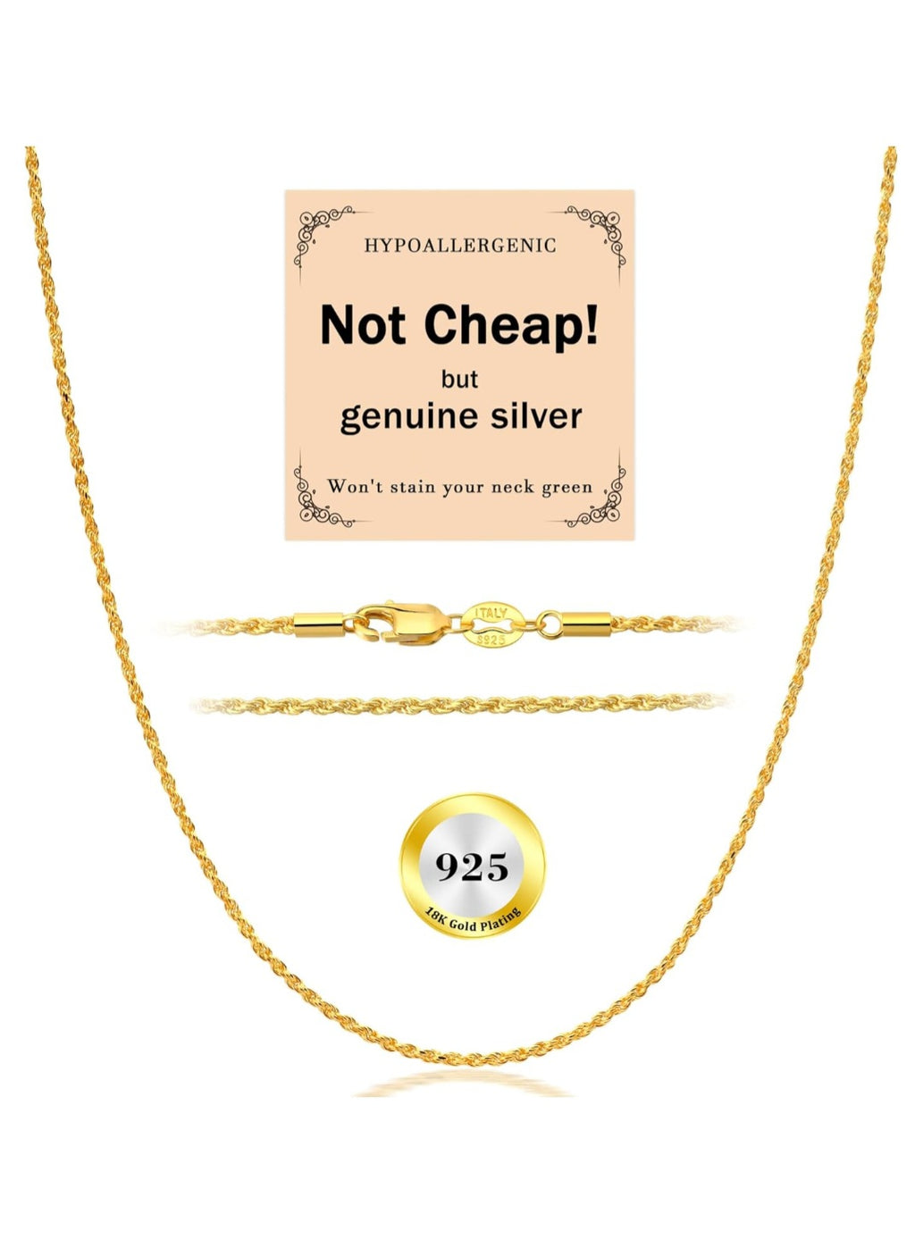 18K Gold Plated Rope Chain - Hypoallergenic .925 Silver Necklace