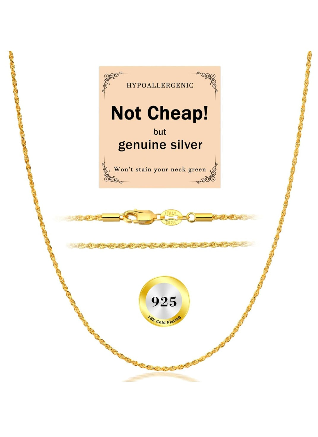 18K Gold Plated Rope Chain - Hypoallergenic .925 Silver Necklace