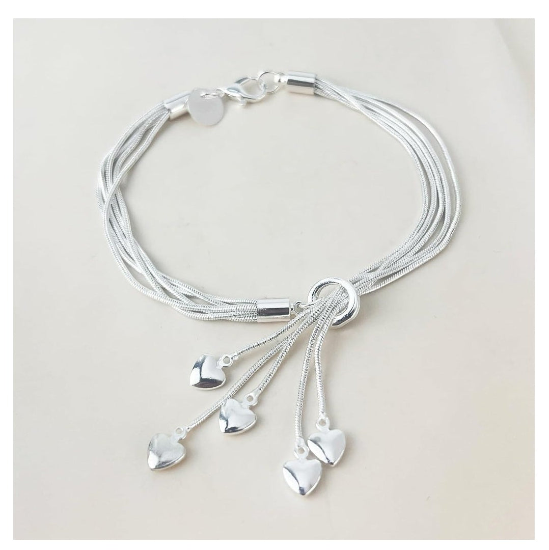 Sterling Silver Multi-Strand Bracelet with Dangle Heart Charms