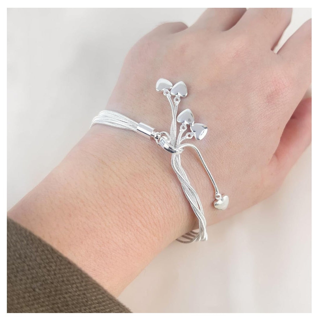 Sterling Silver Multi-Strand Bracelet with Dangle Heart Charms