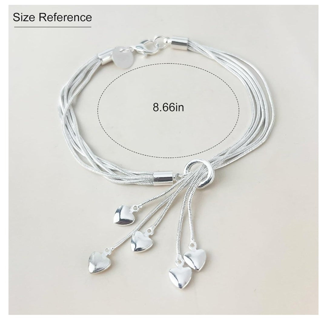 Sterling Silver Multi-Strand Bracelet with Dangle Heart Charms