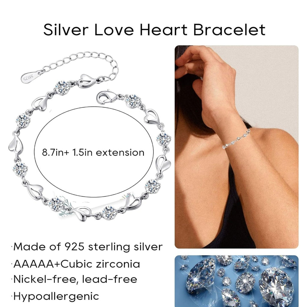Pulsera de Plata 925 con Detalles de Corazón y Cristales Brillantes