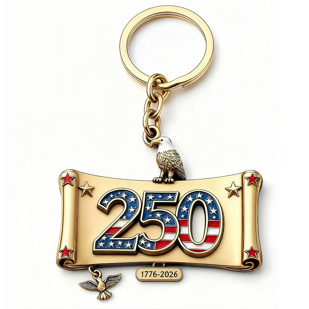 Keychain with '250' design featuring an eagle and American flag on a white background