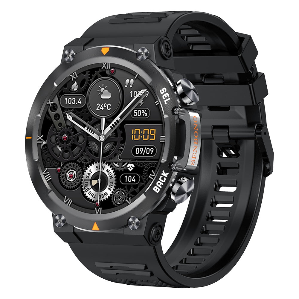 Black smartwatch with detailed face on a white background