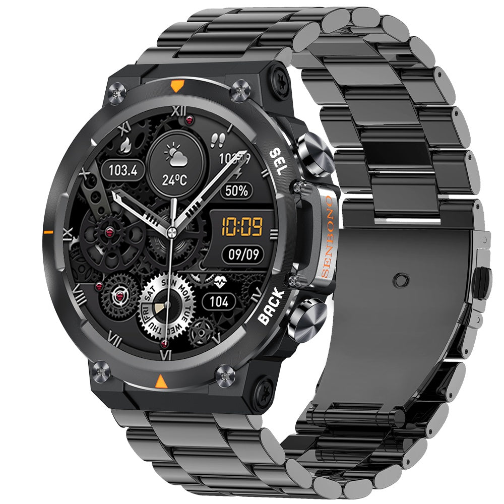 Smartwatch with a metallic band on a white background