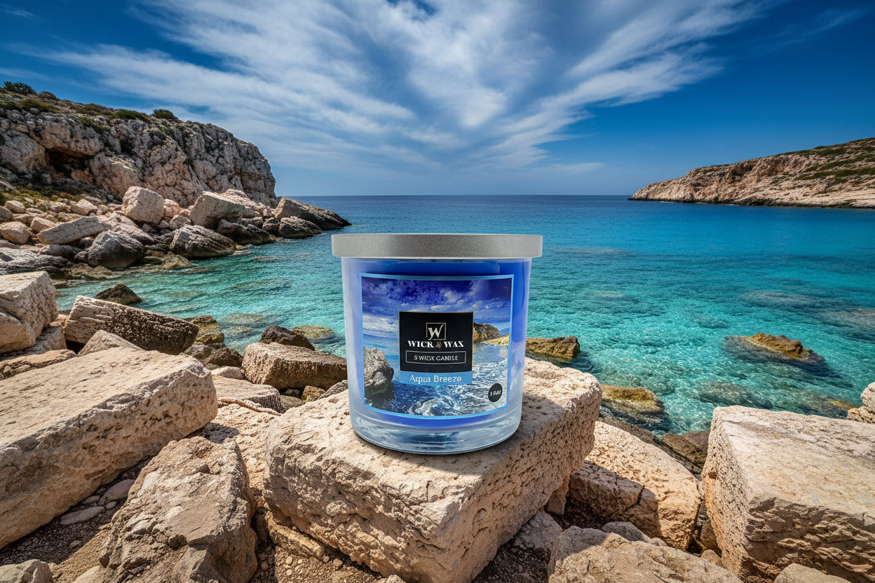 Wick & Wax 3 Wick Candle labeled 'Aqua Breeze' with a scenic label design.