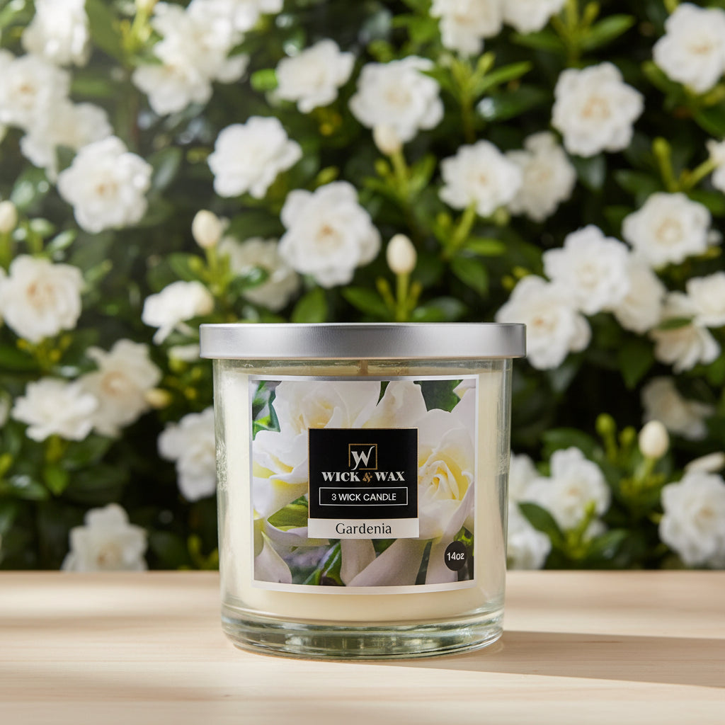 Wick & Wax Gardenia 3 Wick Candle with floral label