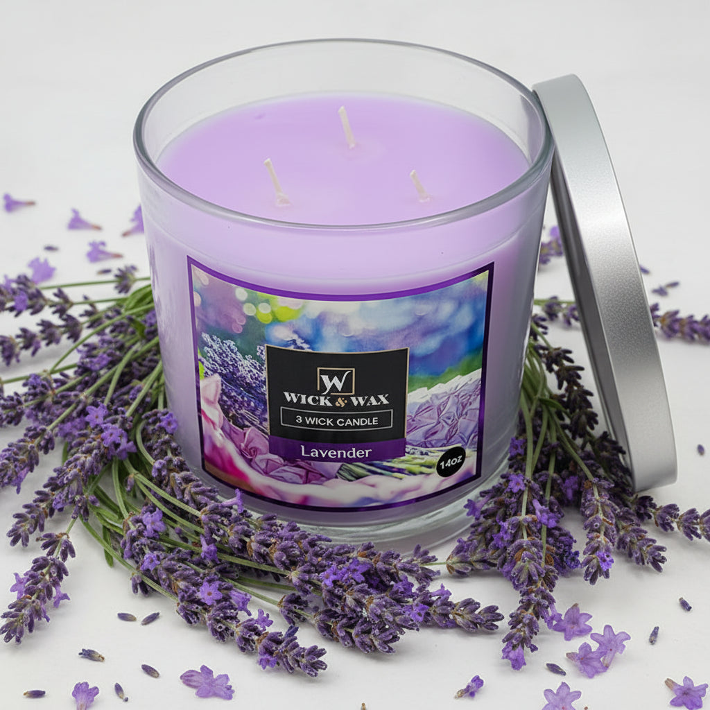 Lavender candle with a label on a white background