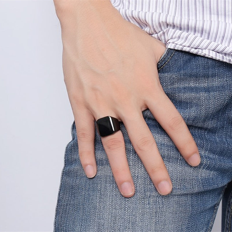 Men's matte black stainless steel square signet ring with an 18mm brushed finish.