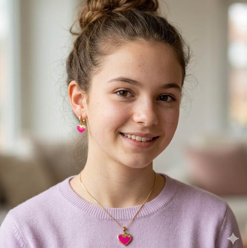 Young girl wearing pink heart-shaped earrings and necklace indoors