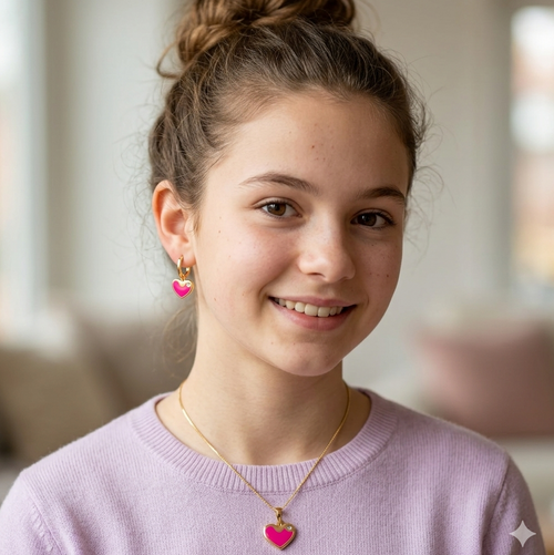 Young girl wearing pink heart-shaped earrings and necklace indoors
