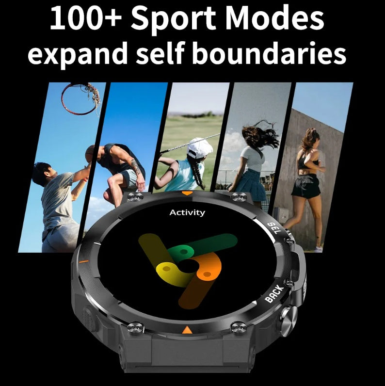 Smartwatch with 'Activity' display on a black background, surrounded by images of people exercising.