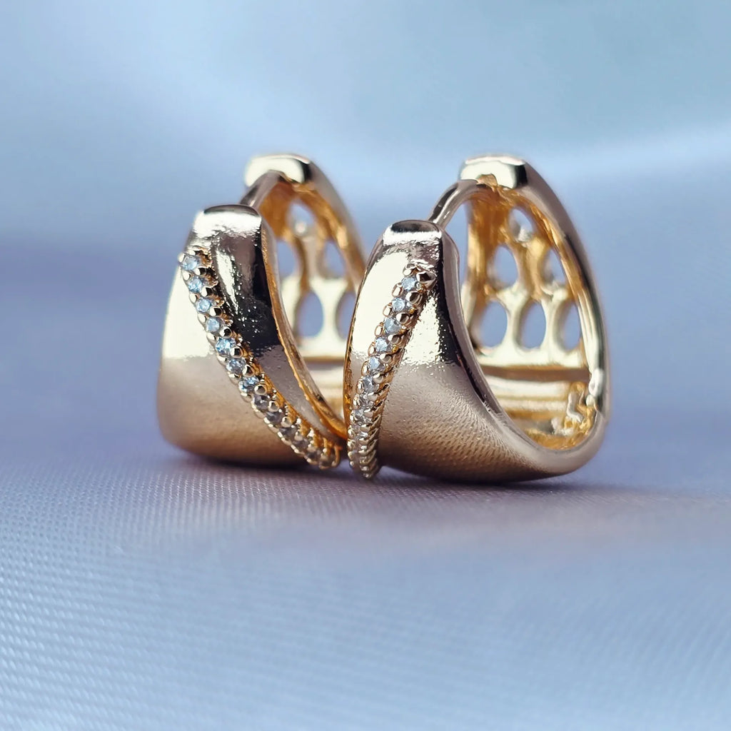 Gold-Tone Domed Hoop Earrings – Elegant Design with Crystals and Cutout Pattern